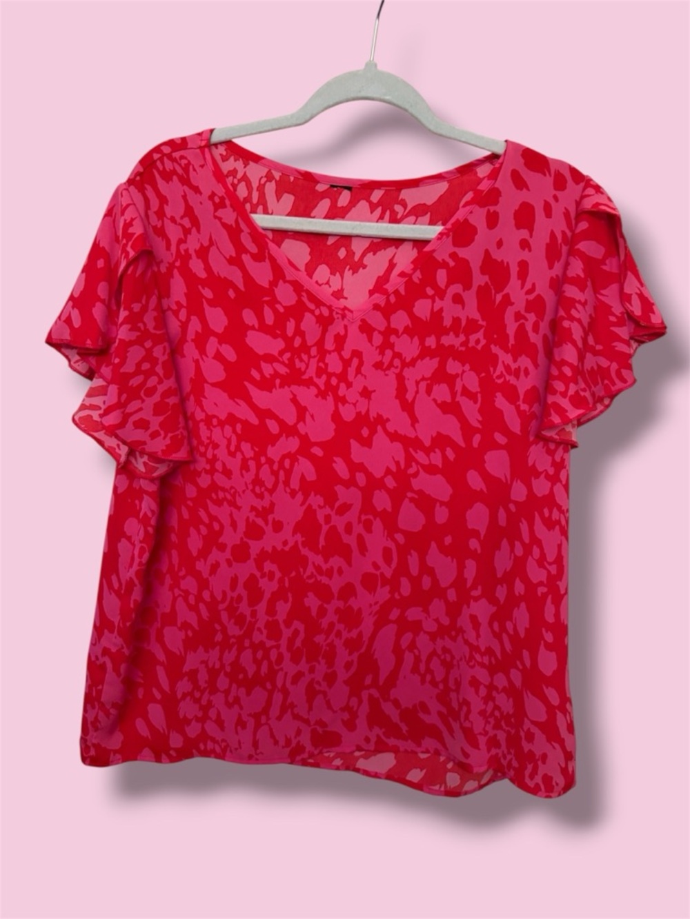 Women's Pink Red Printed Flutter-Sleeve Blouse